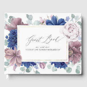 Mauve Navy Blue Floral Elegant Wedding Guest Book