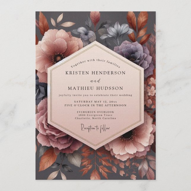 Mauve Nocturnal Bloom Wedding Invitation (Front)