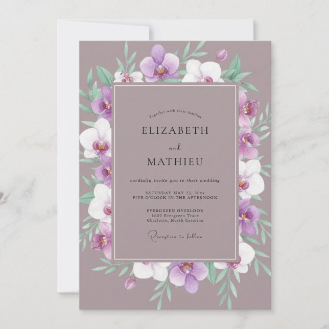 Mauve Orchid Wreath Wedding Invitation (Front)