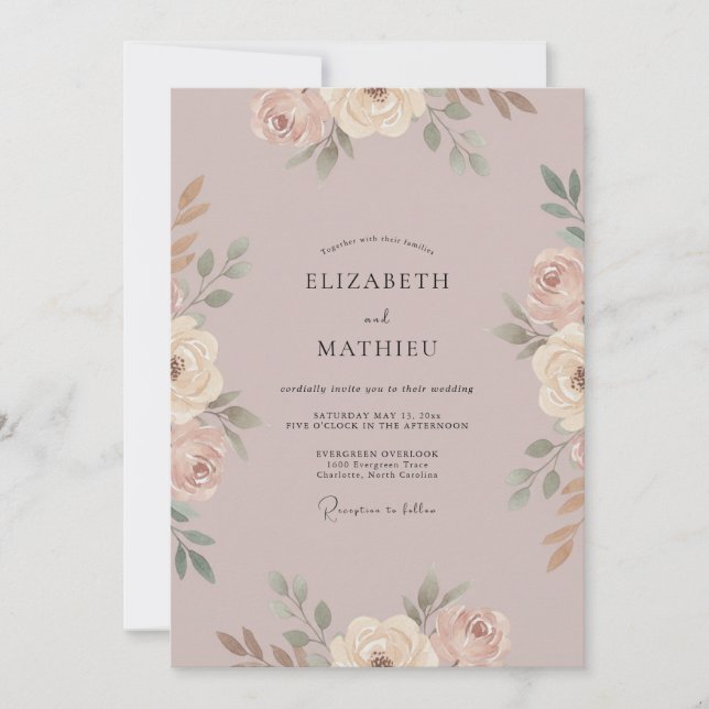 Mauve Painted Peony Wedding Invitation (Front)