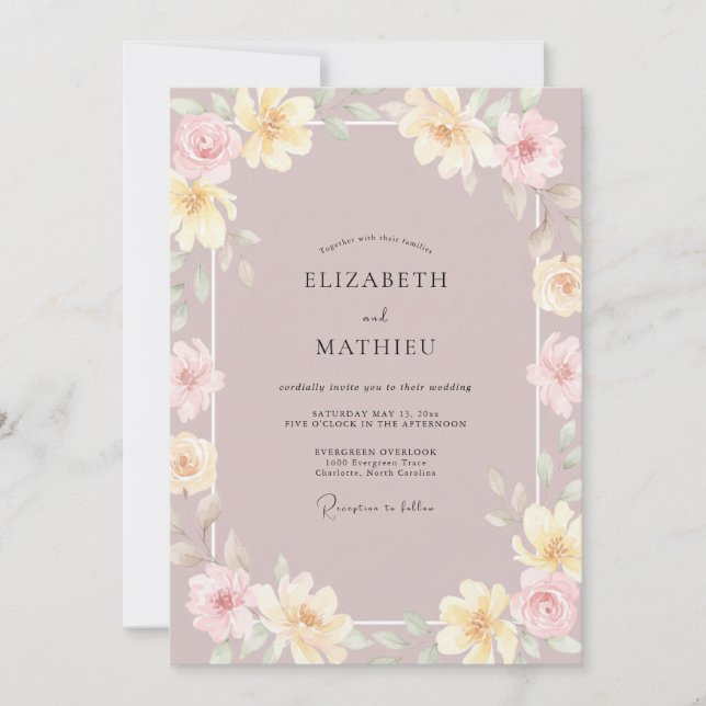 Mauve Pale Yellow Petal Wedding Invitation (Front)