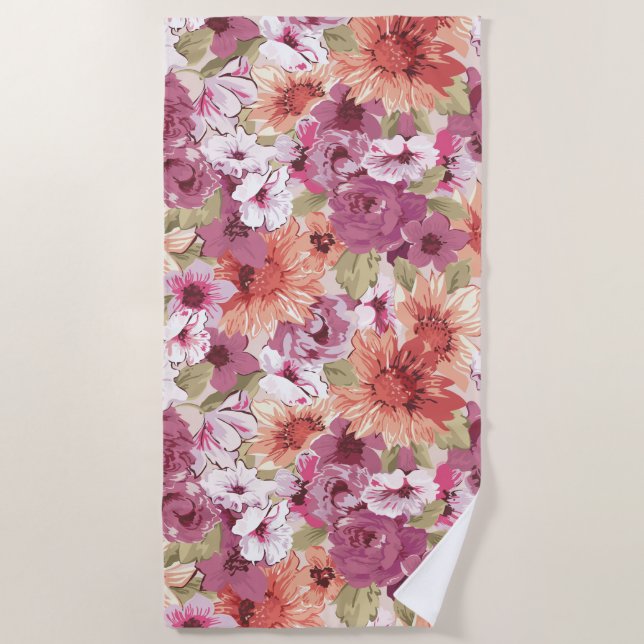 Mauve Peach Purple Floral Beach Towel (Front)