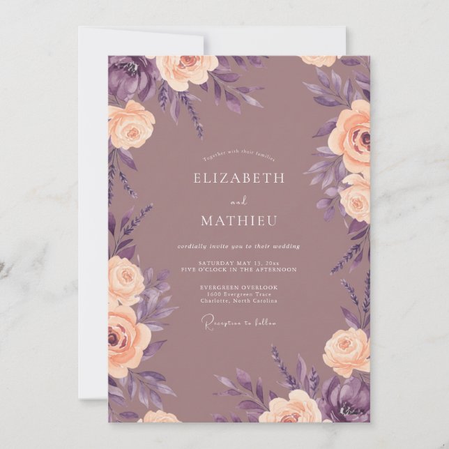 Mauve Peach Soft Botanical Wedding Invitation (Front)