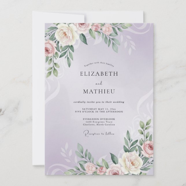 Mauve Peony Foliage Wedding Invitation (Front)
