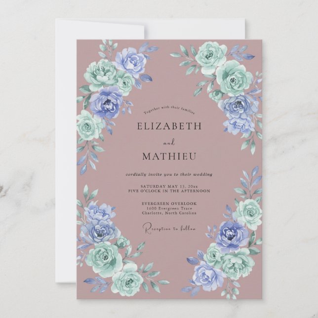 Mauve Periwinkle Ranunculus Eucalyptus Wedding Invitation (Front)