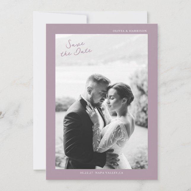 Mauve Photo Wedding Save the Date Card (Front)
