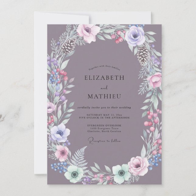 Mauve Pine Wreath Wedding Invitation (Front)