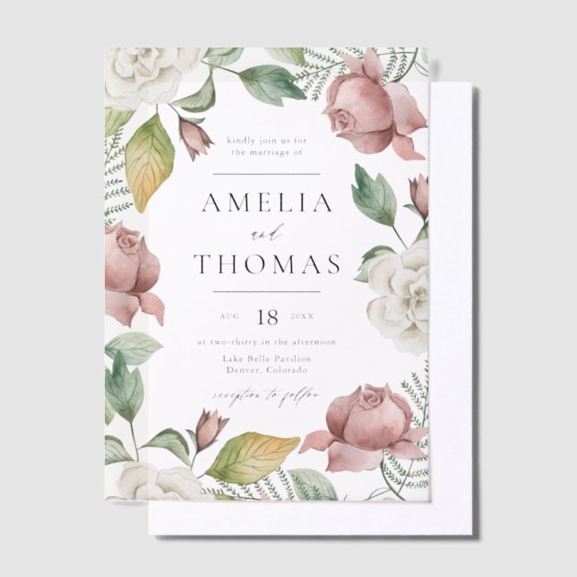Mauve Pink and White Roses Floral Wreath Wedding Vellum Invitations (Offset)