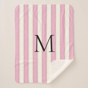 Mauve Pink & Antique White Stripes Monogrammed Sherpa Blanket
