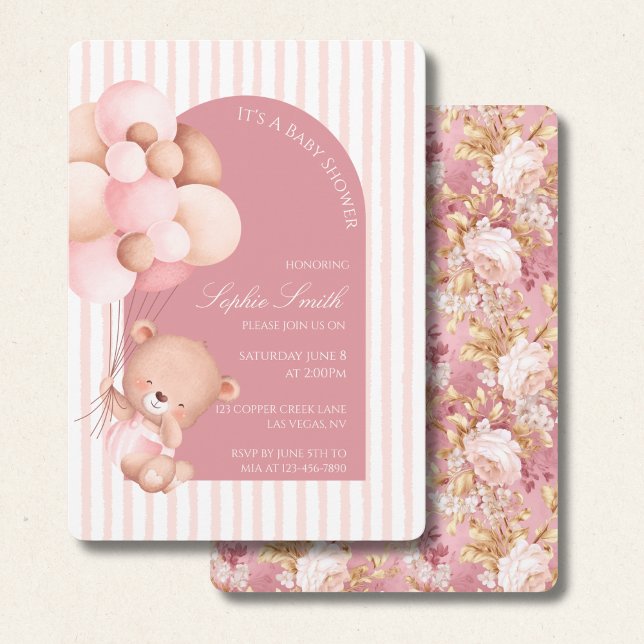 Mauve Pink Balloons, Stripes Bloom Baby Shower Invitation (Creator Uploaded)