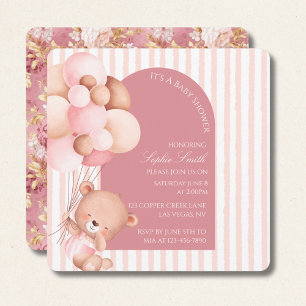 Mauve Pink Balloons, Stripes Bloom Baby Shower  Invitation