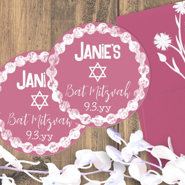 Mauve Pink Bat Mitzvah Personalised Classic Round Sticker (round pink mauve red burgundy bat mitzvah party favor stickers personalized labels girls birthday)