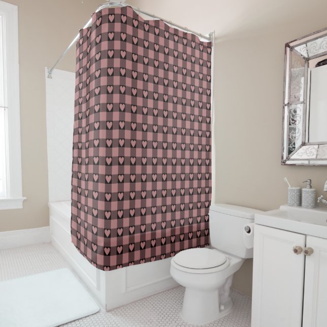 Mauve Pink Black Buffalo Heart Plaid Shower Curtain (In Situ)