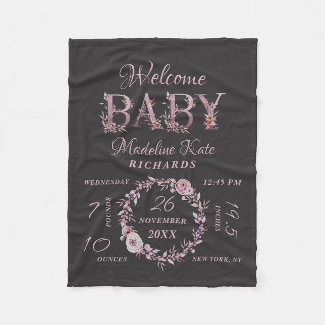 Mauve Pink Elegant Floral Baby Girl Birth Stats Fleece Blanket (Front)
