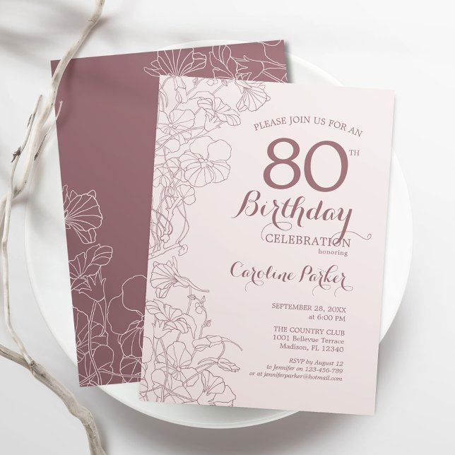 Mauve Pink Floral 80th Birthday Party Invitation (Creator Uploaded)