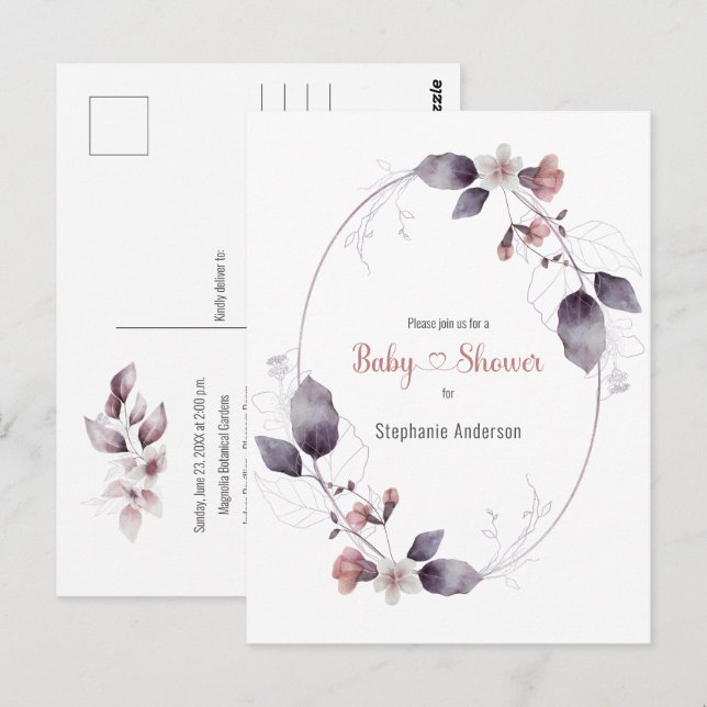 Mauve Pink Floral Botanical Baby Shower Invitation Postcard (Front/Back)