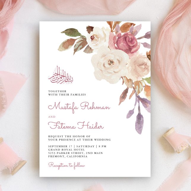 Mauve Pink Floral Bouquet Islamic Muslim Wedding Invitation (Creator Uploaded)
