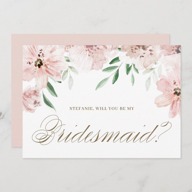 Mauve Pink Floral WIll You Be My Bridesmaid Card (Front/Back)