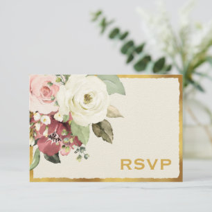 Mauve Pink Florals Luxe Gold Edge Wedding RSVP Card