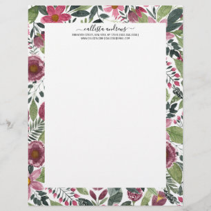 Mauve Pink Forest Green Watercolor Flowers Leaves Custom Letterhead
