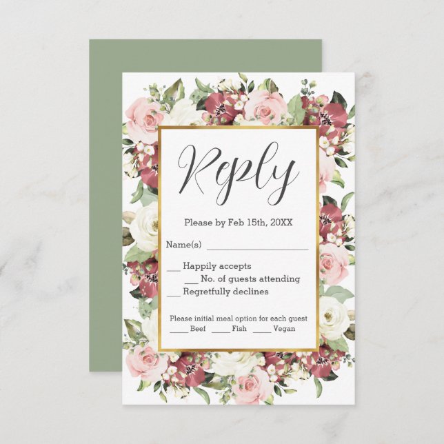 Mauve Pink Green Florals Gold Frame RSVP (Front/Back)