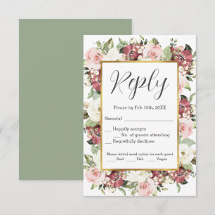 Mauve Pink Green Florals Gold Frame RSVP Card