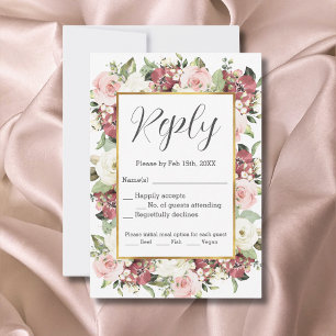 Mauve Pink Green Florals Gold Frame Watercolor RSVP Card
