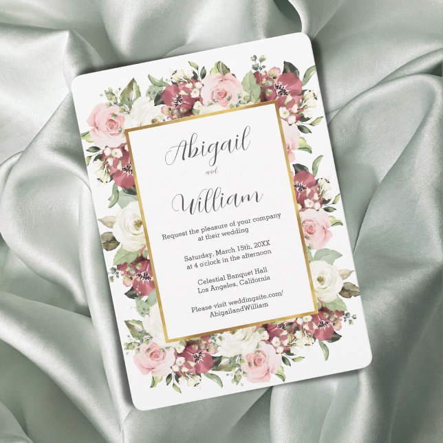 Mauve Pink Green Florals Gold Frame Wedding Invitation (Creator Uploaded)