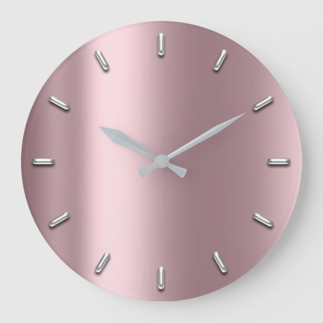 Mauve Pink Metallic Minimal Silver Grey Large Clock (Front)