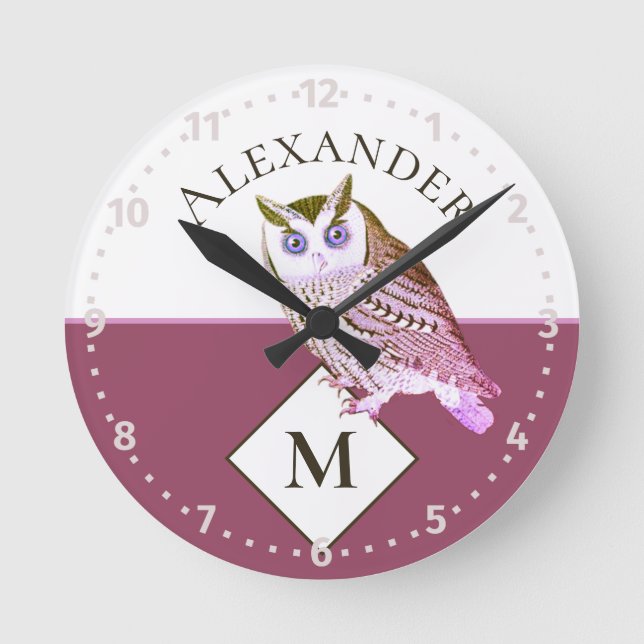 Mauve Pink Owl Monogram Name  Round Clock (Front)