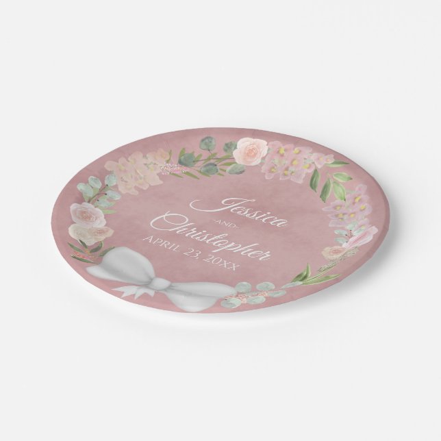 Mauve Pink Watercolor Floral Wreath Wedding Paper Plate (Angled)