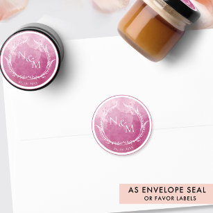 Mauve Pink Watercolor Monogram Envelope Seal/Favou Classic Round Sticker
