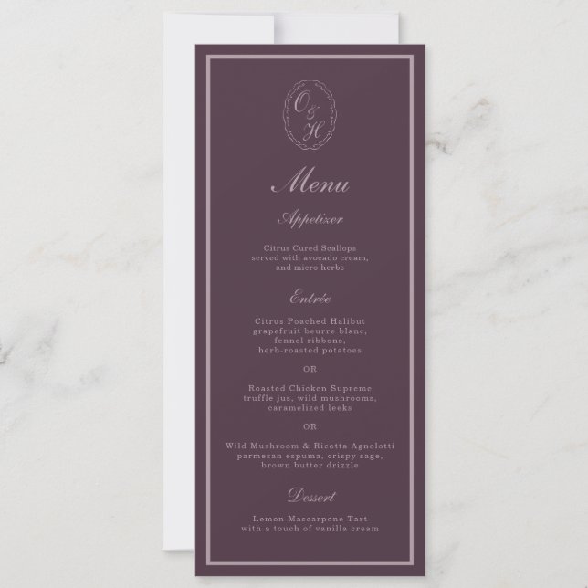 Mauve Plum Monogram Wedding Long Menu Invitation (Front)