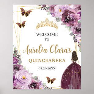 Mauve Plum Purple Floral Princess Gold Quinceañera Poster