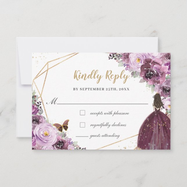 Mauve Plum Purple Floral Quinceañera Princess RSVP Card (Front)