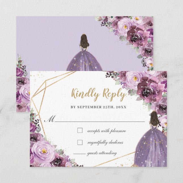 Mauve Plum Purple Floral Quinceañera Princess RSVP Card (Front/Back)