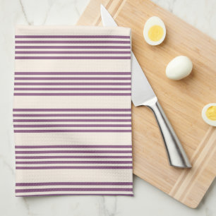 Mauve purple and beige five stripes pattern tea towel