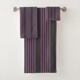 Mauve purple and charcoal five stripes pattern bath towel set
