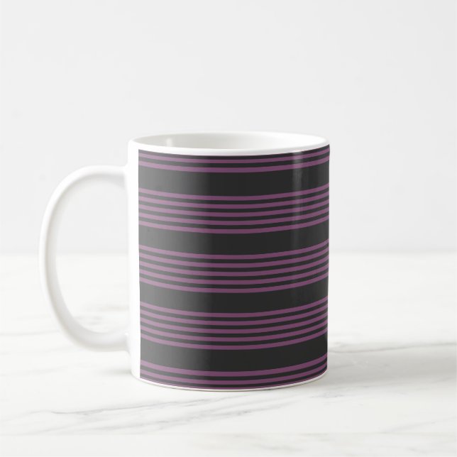 Mauve purple and charcoal five stripes pattern coffee mug (Left)