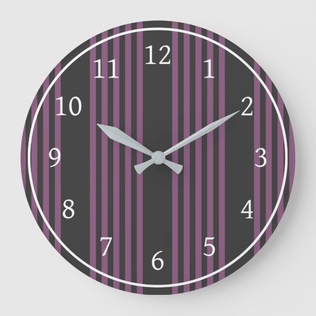 Mauve purple and charcoal five stripes pattern large clock (Front)