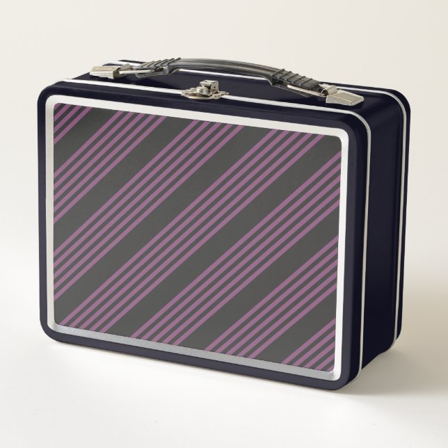 Mauve purple and charcoal five stripes pattern metal lunch box (Front)