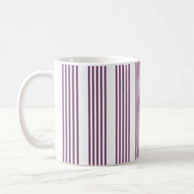 Mauve purple and white five stripes pattern coffee mug (Left)
