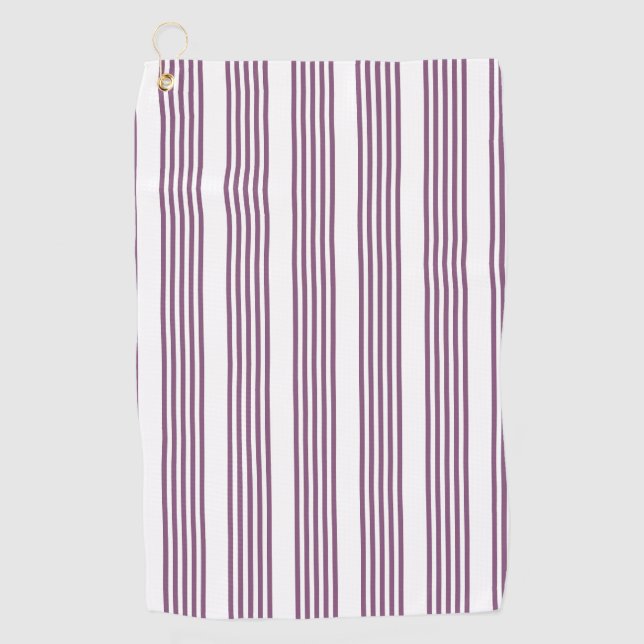 Mauve purple and white five stripes pattern golf towel (Front)