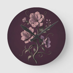 Mauve Purple Anemone Flower Dark Botanical  Round Clock