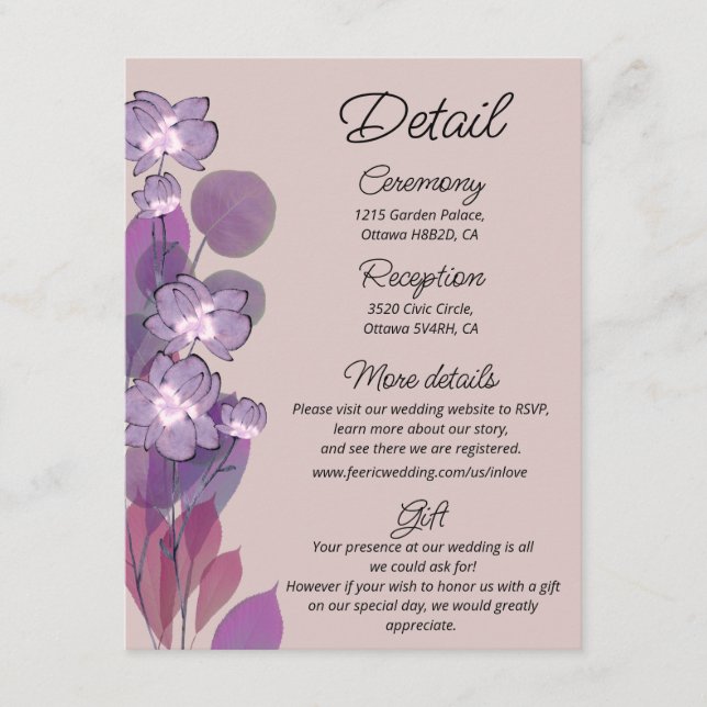 Mauve purple blush floral wedding details   enclosure card (Front)