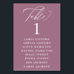 Mauve Purple Calligraphy Seating Chart Table Number<br><div class="desc">Elegant white calligraphy "table",  with guest names listed and table number,  wedding table number seating chart card. Background colour shown in mauve purple,  can be customised.</div>