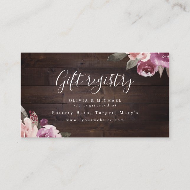 Mauve purple floral rustic bridal shower registry place card (Front)
