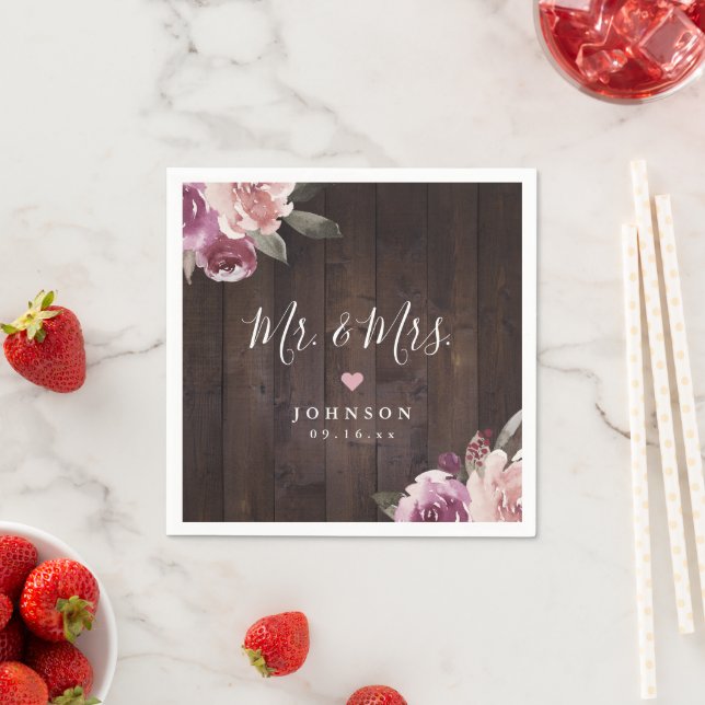 Mauve purple floral rustic wood Mr & Mrs wedding Napkin (Insitu)