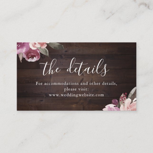 Mauve purple floral rustic wood wedding details place card (Front)