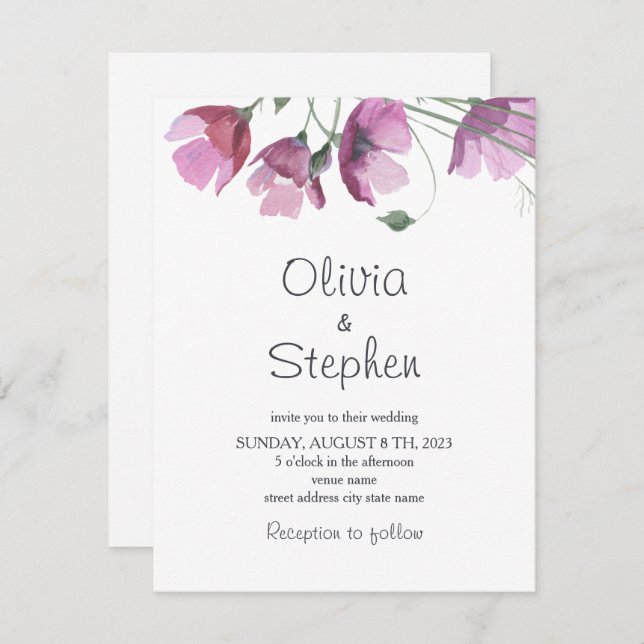 Mauve purple Flowers. Modern Rustic Wedding Invitation (Front/Back)